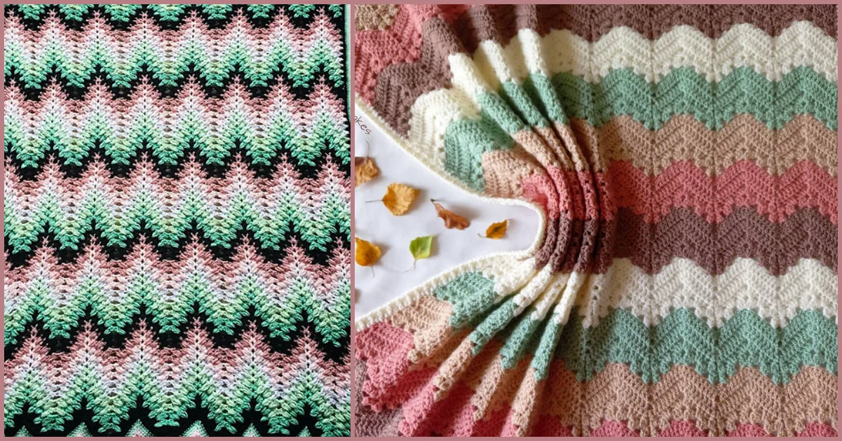 Two crocheted blankets: one with a chevron pattern in green, pink, and black; the other a fall ripple blanket in earth tones and scalloped edges, partially covering scattered autumn leaves.