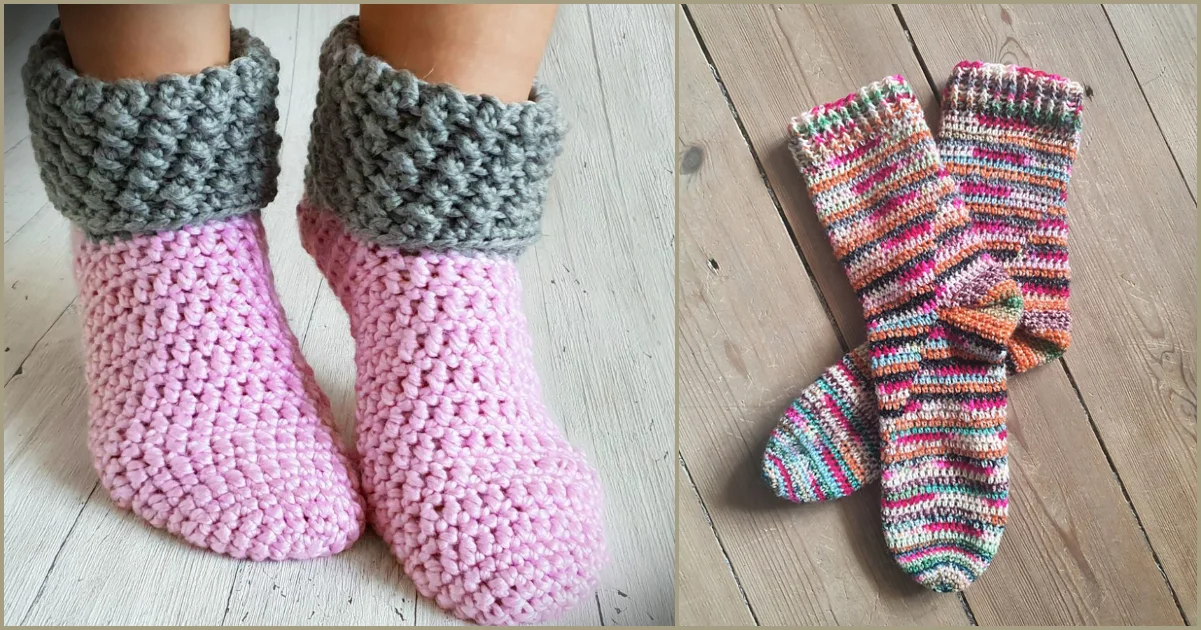 Two pairs of cozy crochet house socks: one pink with a grey cuff, warmly worn on feet, and a vibrant multicolored pair comfortably lying on the wooden floor.