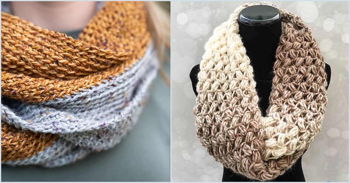 Two knitted scarves: one with mustard yellow and light gray, the other in a gradient of brown to cream, draped with a bit of infinity on a black mannequin bust.