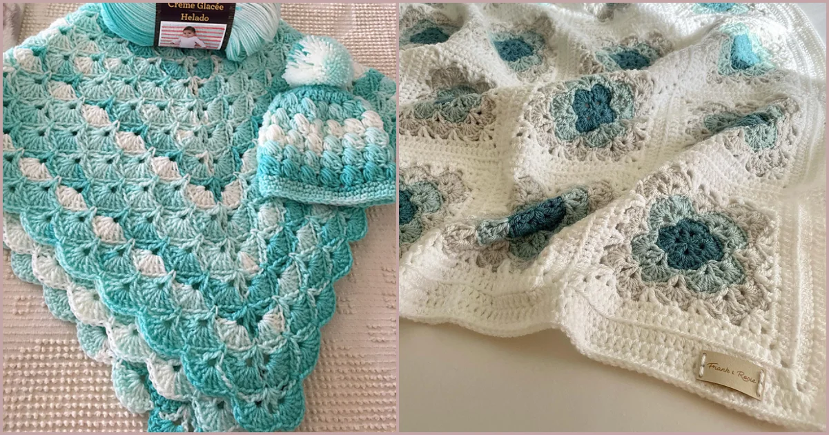 Crocheted baby set featuring a turquoise and white ocean shell blanket with a matching hat. Another image shows a detailed, floral-patterned crocheted blanket in soft pastel colors.