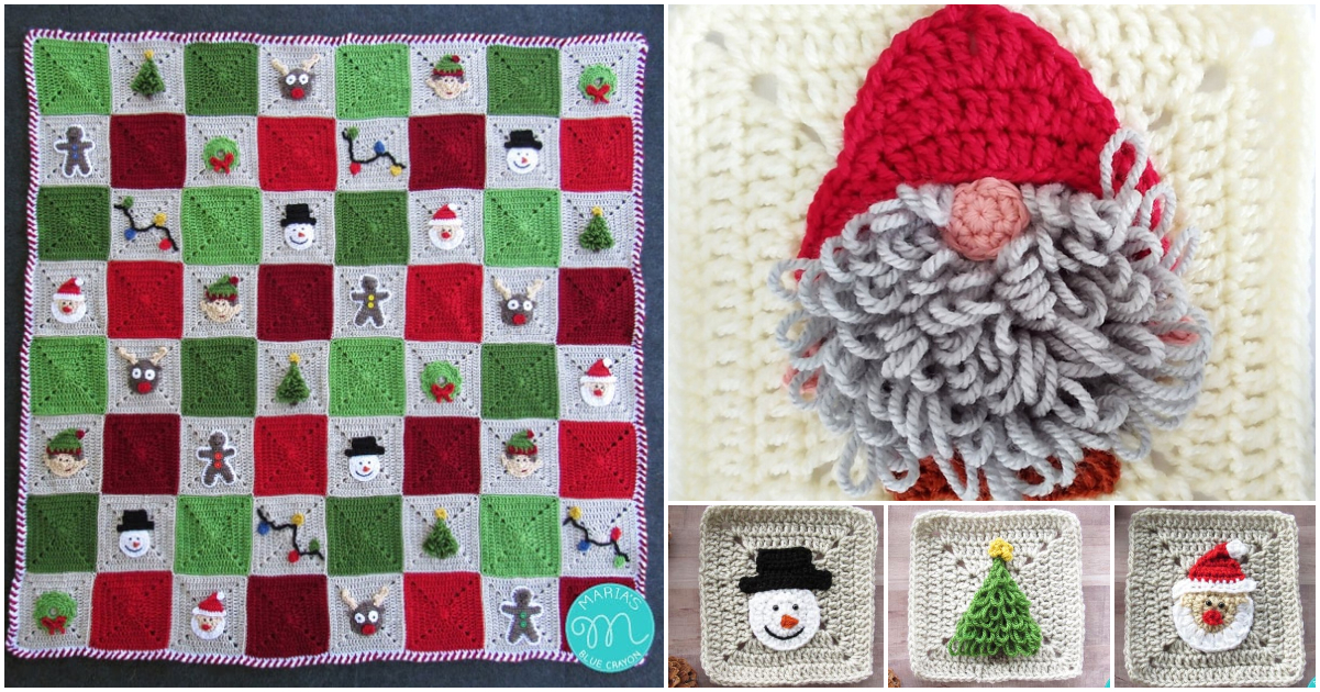 A patchwork crochet blanket with festive granny squares showcases Christmas-themed designs like snowmen, trees, and a gnome.