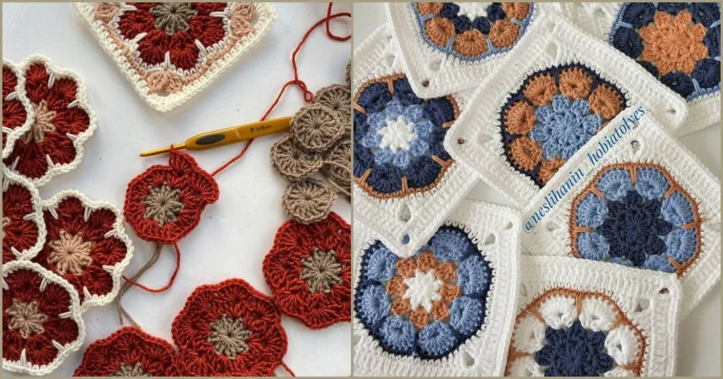 A close-up of colorful crochet granny squares, including an intricate African flower square design. A partially completed piece sits on the left while finished squares line up on the right, with a crochet hook resting nearby.