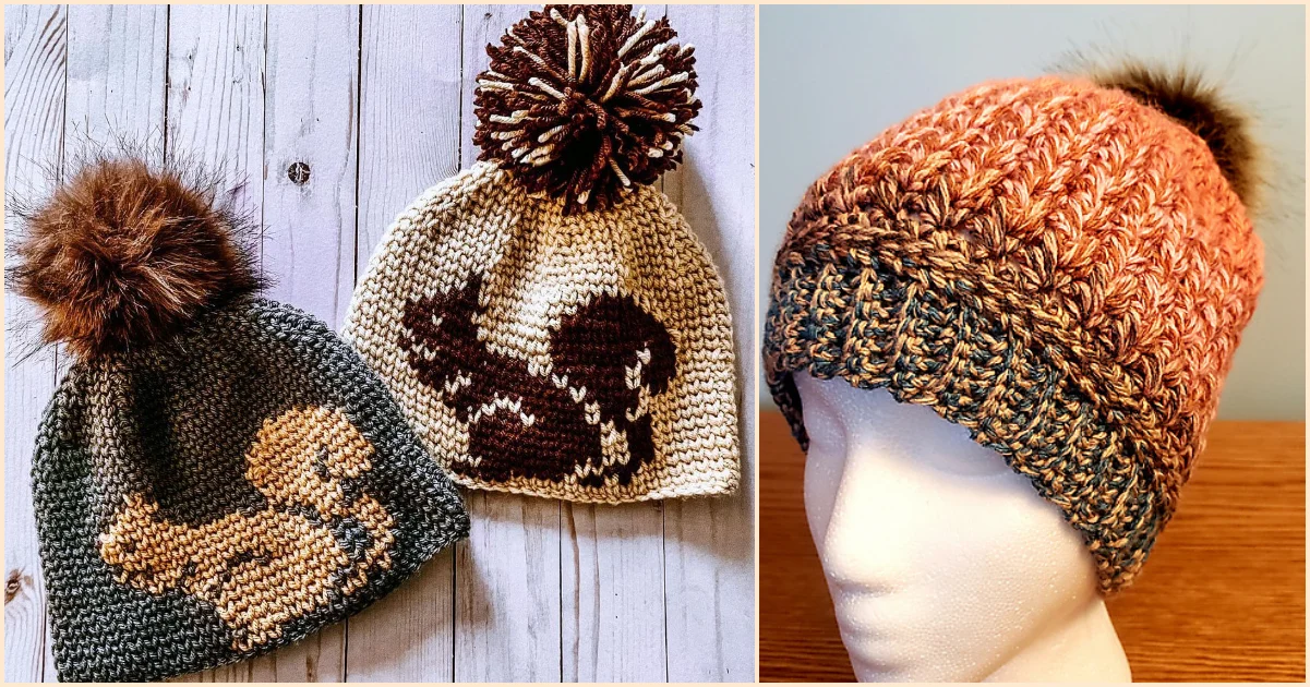 Two cozy, fall-colored beanies with pom-poms on the left showcase delightful animal patterns, while a single knitted hat with a pom-pom graces the mannequin head on the right.