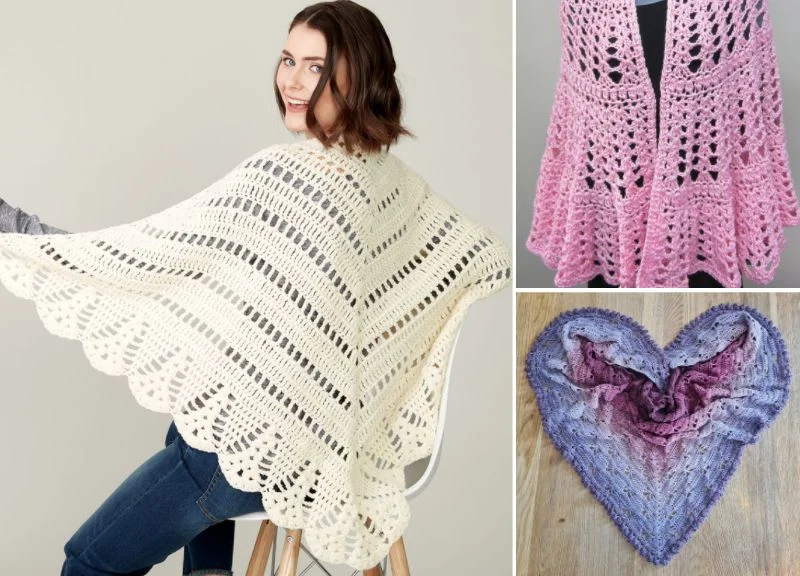 Three images showcase diverse crochet creations: a woman adorned in a white prayer shawl, a pink shawl displayed vertically, and a heart-shaped design in shades of purple and pink. Perfect for those seeking inspiration or the ideal crochet pattern to bring their warmth to life.