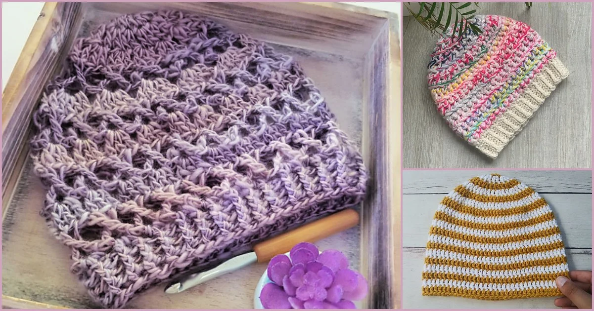 Three crochet beanies are displayed: a purple textured creation resting in a tray alongside a crochet hook, a multicolored patterned masterpiece, and a charmingly striped yellow and white design.