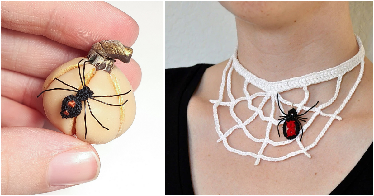 A hand holds a macaron decorated with a tiny spider, perfect for Halloween. To the right, a person wears a white crochet web choker with a red and black spider design.