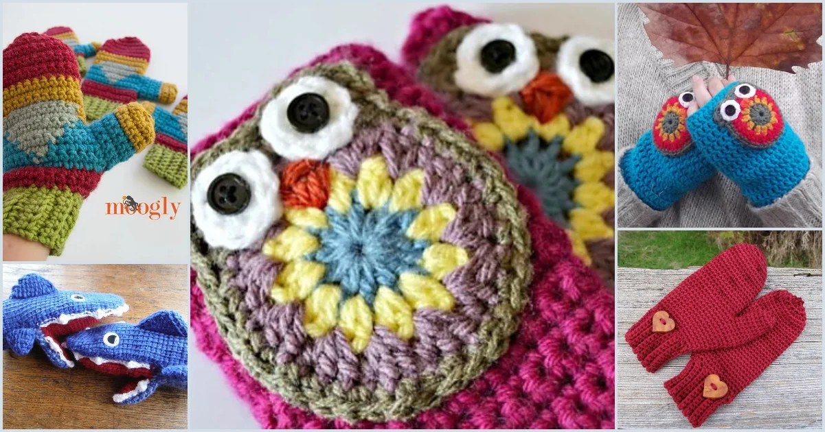 A delightful collage of colorful crocheted mittens for children features various whimsical designs, including playful owls, charming hearts, lively fish, and intricate geometric patterns.