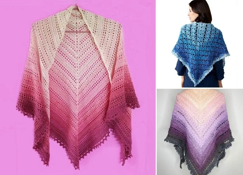 Crochet triangle shawls with gradient patterns in pink, blue, and purple are displayed against a pink background and elegantly worn by a person.