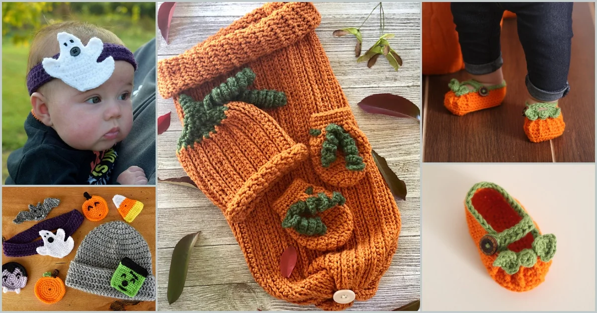 Collage of cute Halloween-themed knitted and crocheted items for babies, perfect for getting your little one ready for autumn. Includes adorable headbands, booties, hats, and a pumpkin cocoon.