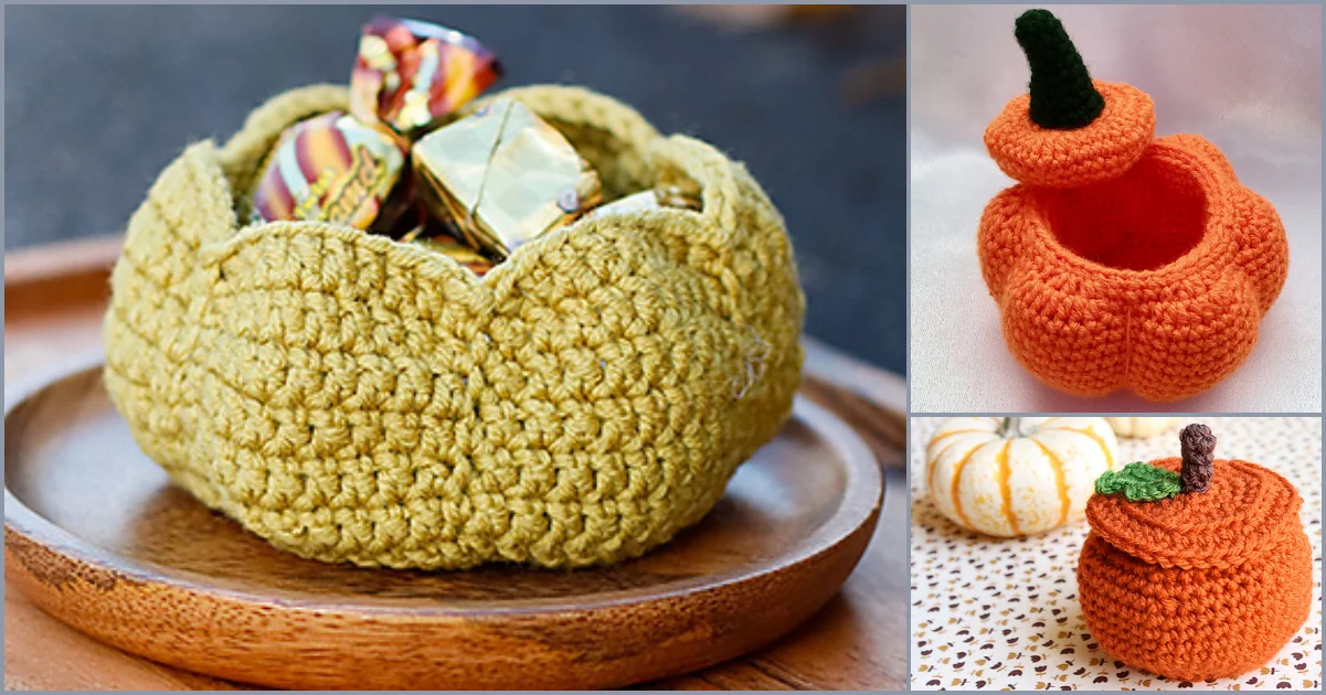 Crocheted pumpkin-shaped containers, including a charming pumpkin bowl perfect for holding candy, feature removable lids and are elegantly displayed on a wooden surface.