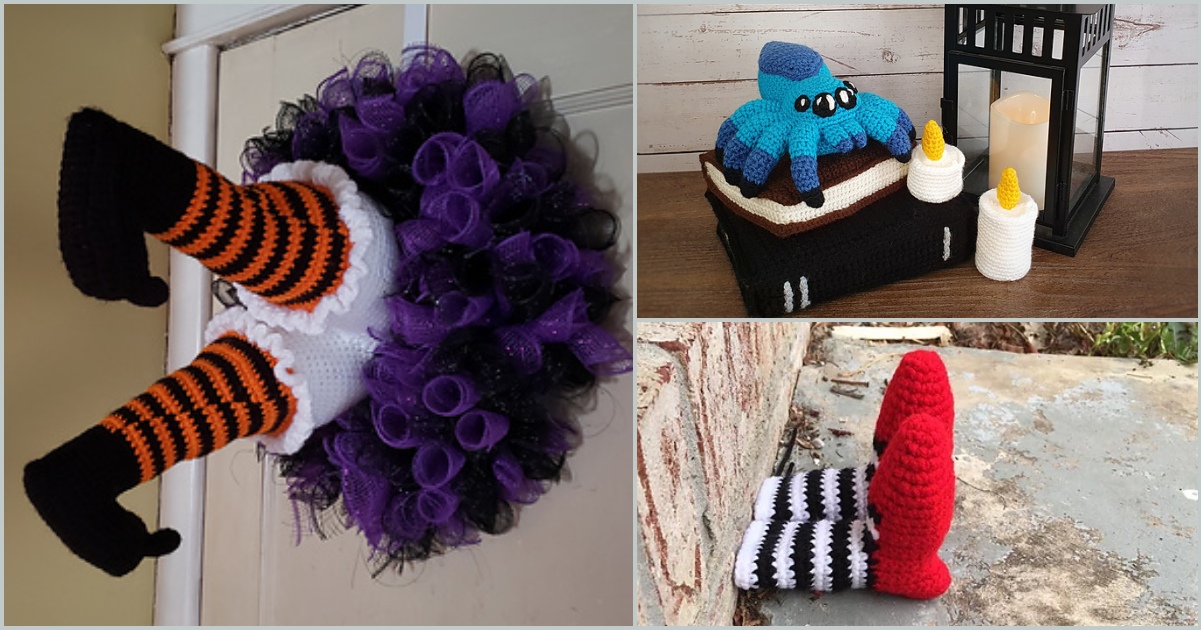 Three crochet decorations: witch legs with orange stripes, a cake with a blue octopus, and red shoes with black and white striped legs create a whimsical Halloween display against various backgrounds.