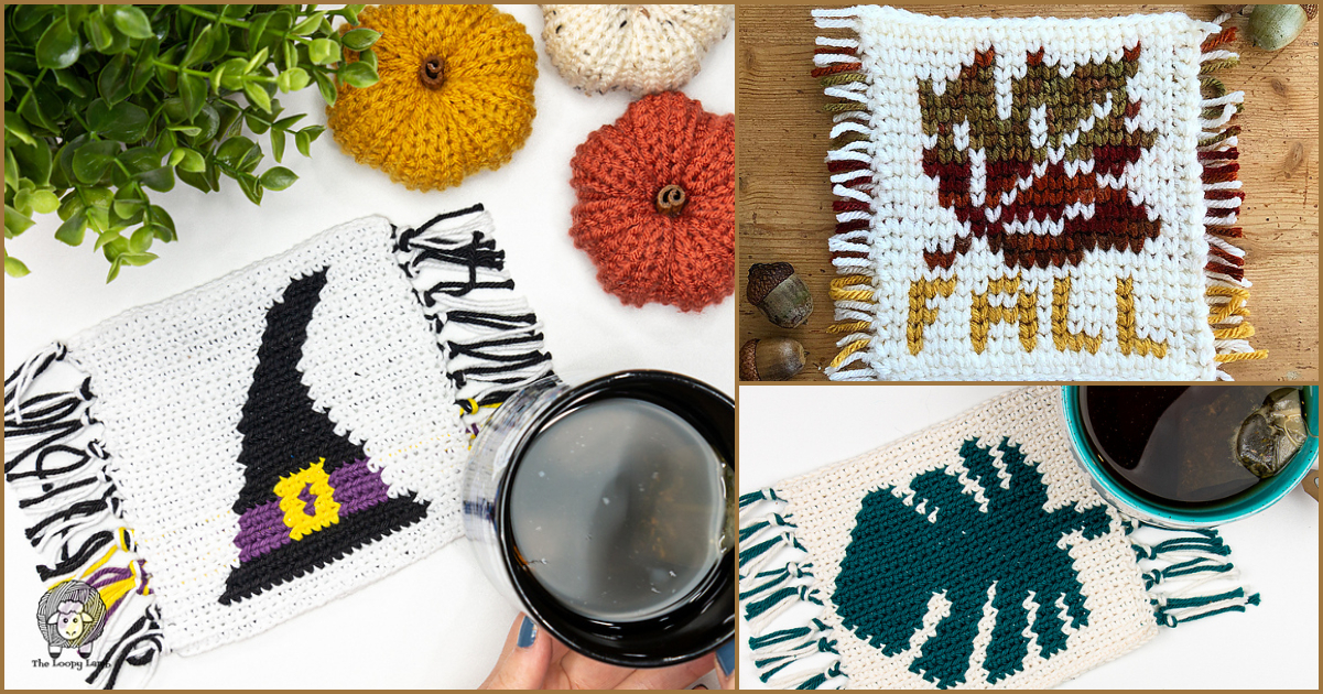 Three crocheted coasters with delightful designs: a witch hat, autumn leaves inscribed with "FALL," and a pumpkin. They sit alongside small pumpkins and a cup of coffee, bringing cozy charm reminiscent of a circular rug crafted from scraps.