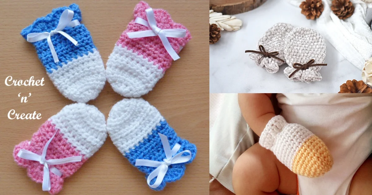 Various crocheted newborn mittens in pink, blue, beige, and white, some with ribbon accents, displayed on a wooden surface and worn by an infant.