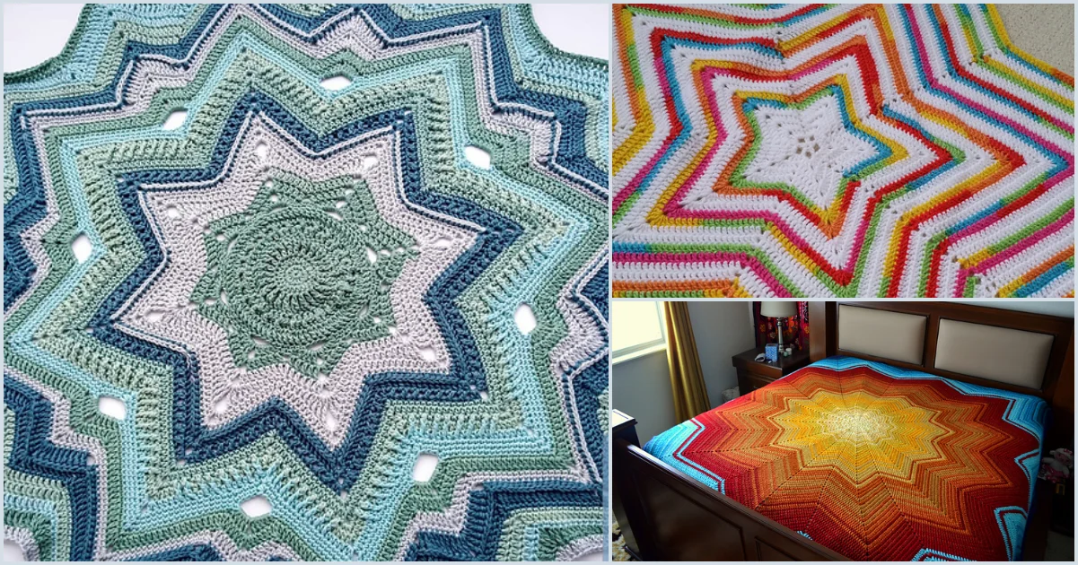 Three crochet blankets in starburst patterns, featuring a bit of infinity with colors: blue and green, rainbow, and orange tones, beautifully displayed on floors and a bed.