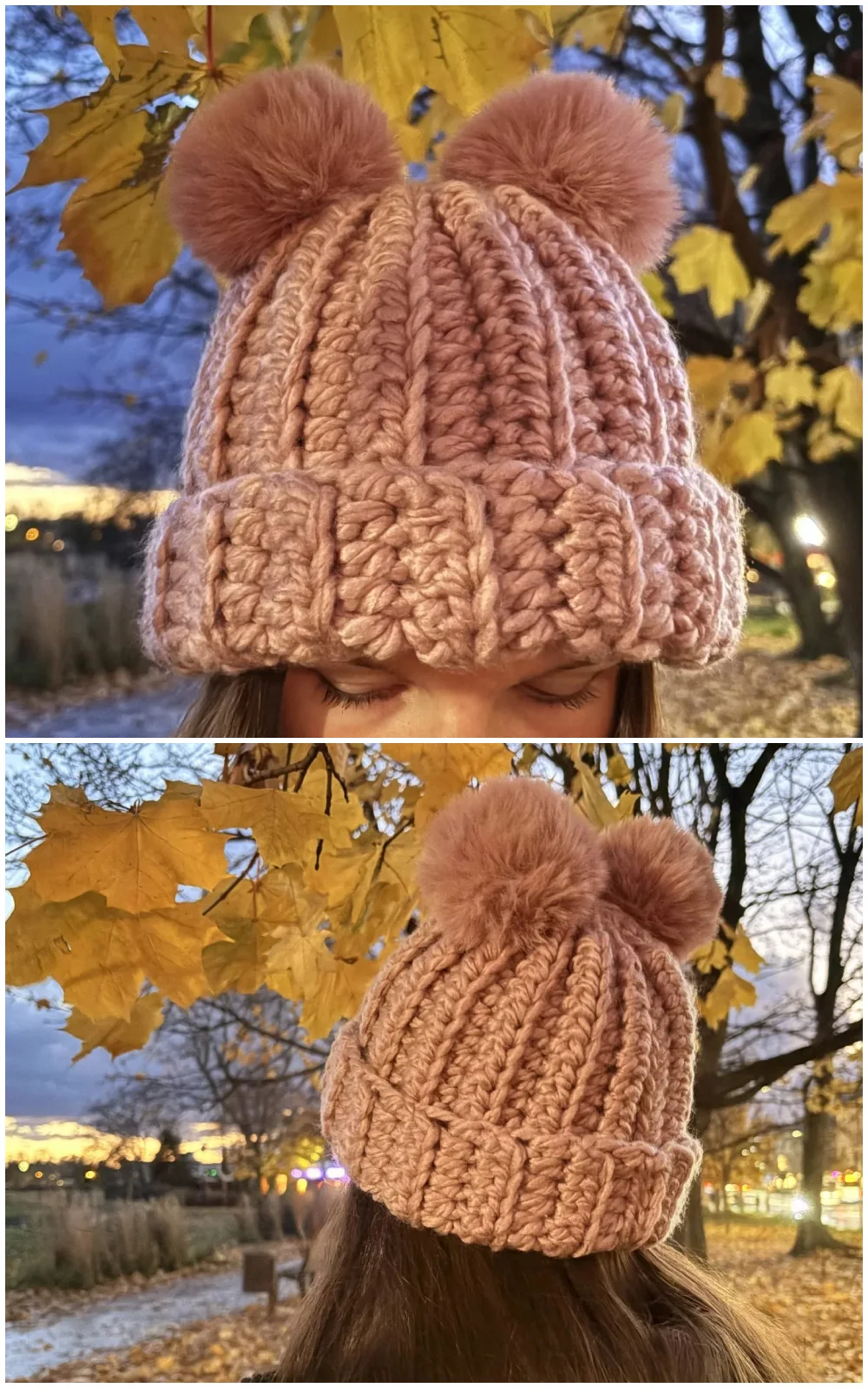 A person wearing a chunky pink knit hat with two faux fur pom-poms on top, shown from the front and back, is surrounded by yellow autumn leaves and an outdoor background—perfect inspiration for free crochet hat patterns.