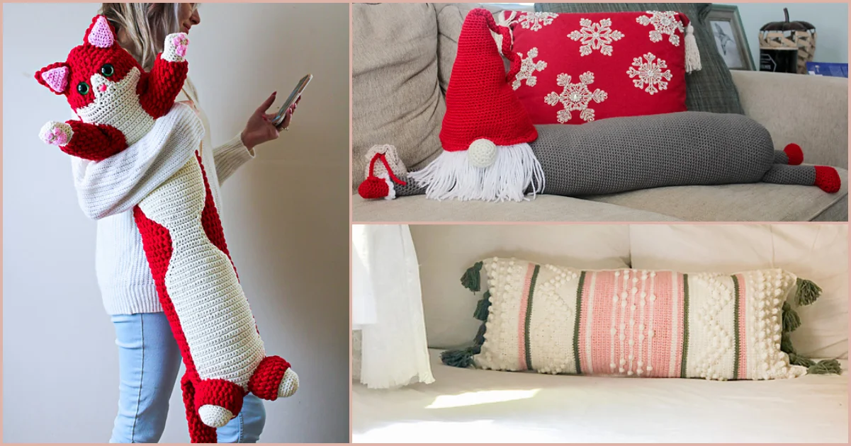 Three images: a person holding a long crocheted cat, a gnome-shaped body pillow on a couch with a snowflake pillow, and a decorative draft dodger pillow adding texture to the white sofa.