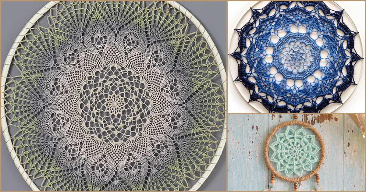 Three beautiful circular crochet patterns in various colors and sizes. The largest is gray and green, the medium is blue, and the smallest is light green—all arranged as a stunning wall hanger on a wooden background.