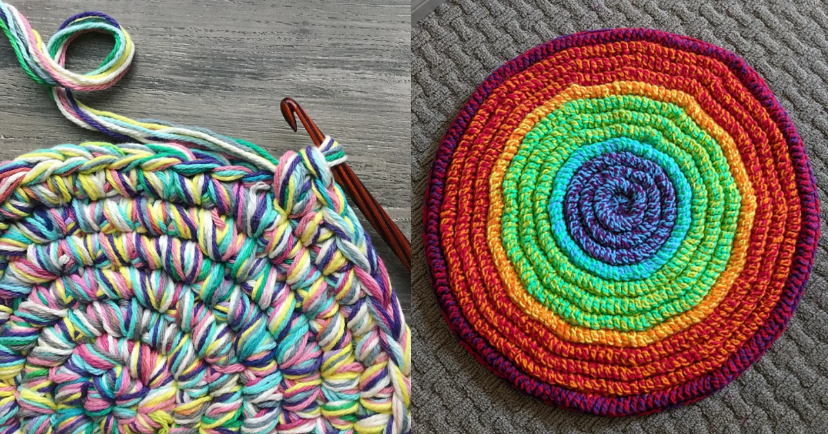 Close-up of a multicolored crochet circle on the left and a completed, vibrant rainbow circular rug crafted from scraps on the right.