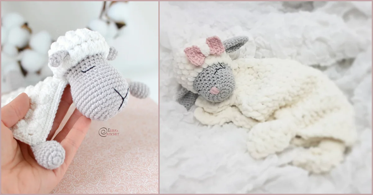 Two knitted stuffed sheep; one cute lamb lovey, white with a gray head, cradled in a hand, and another lying on a textured white surface adorned with a pink bow.