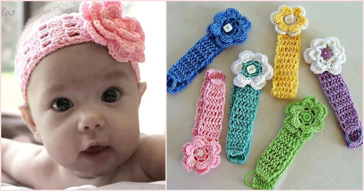 A baby girl wearing a crocheted headband with a pink flower on the left sits beside five colorful crocheted headbands adorned with flowers laid out on the right.