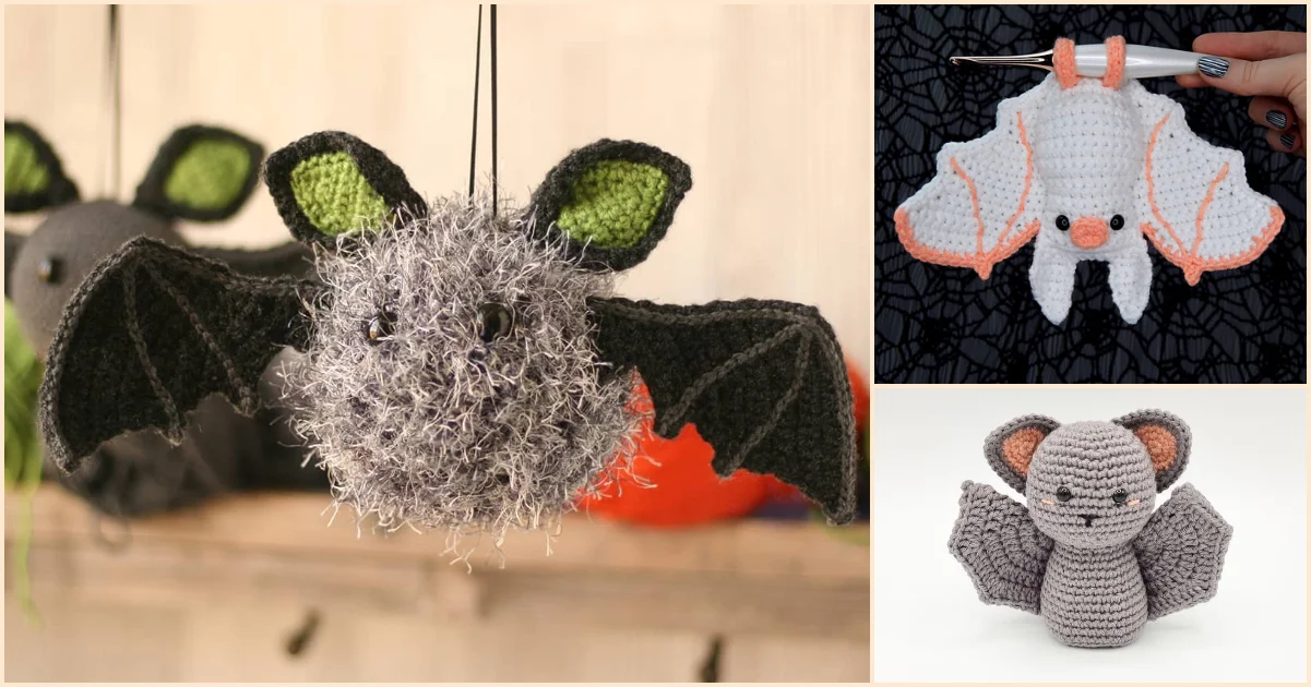 Three crocheted Halloween bats: one fluffy gray with black wings, one white with peach accents, and one brown with large wings, displayed against various backgrounds.