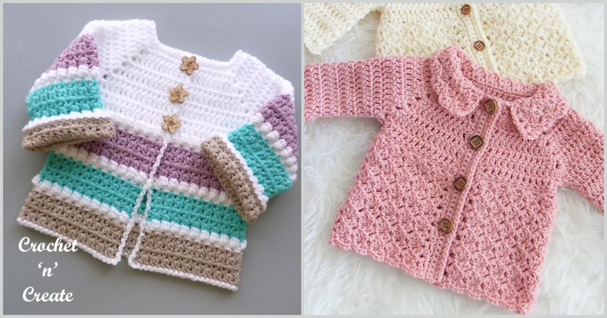 Two everyday crochet cardigans for babies and toddlers: one multicolored with stripes and flower buttons, the other pink with a textured pattern and wooden buttons.