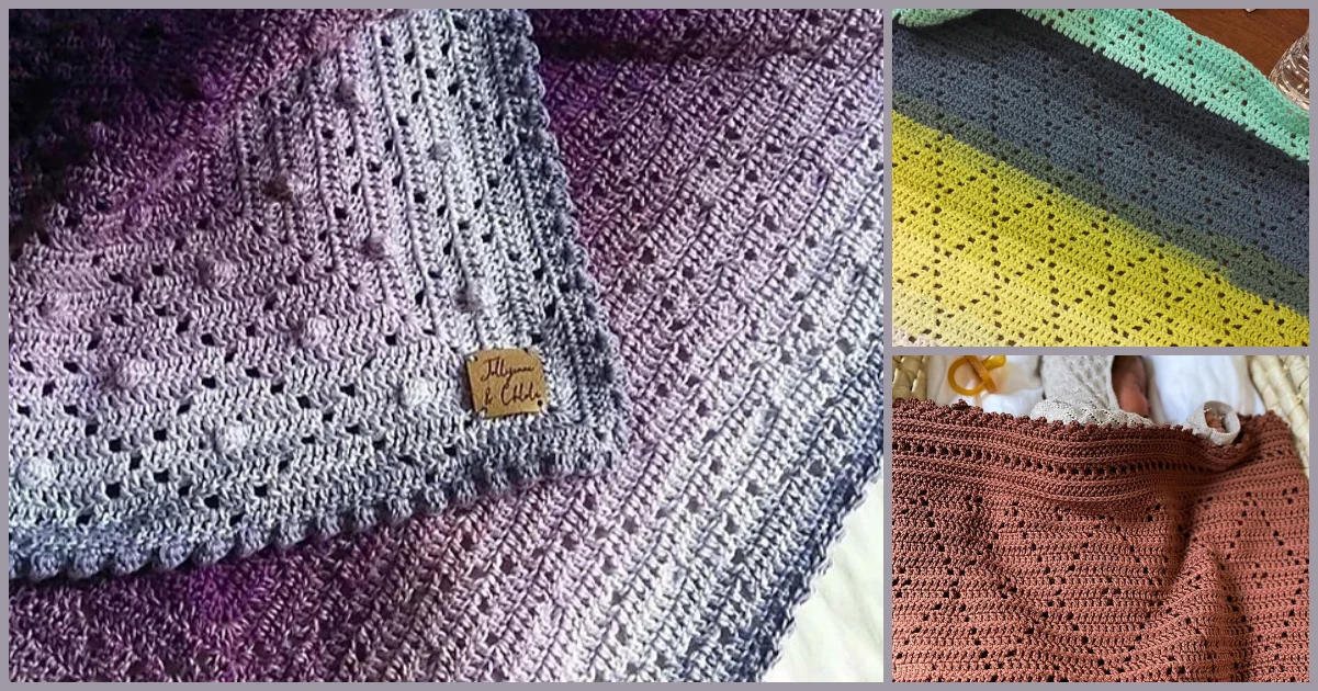 Three crochet blankets: a purple gradient with a tag, a green-yellow pattern, and a brown baby cover in diamonds partially draped over the little one.