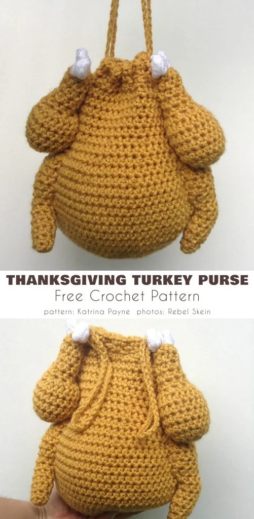 Crocheted handbag designed to look like a roast turkey, complete with drumsticks and wings, displayed hanging and sitting upright—perfect for quirky thanksgiving decor ideas. Text below offers a free crochet pattern.