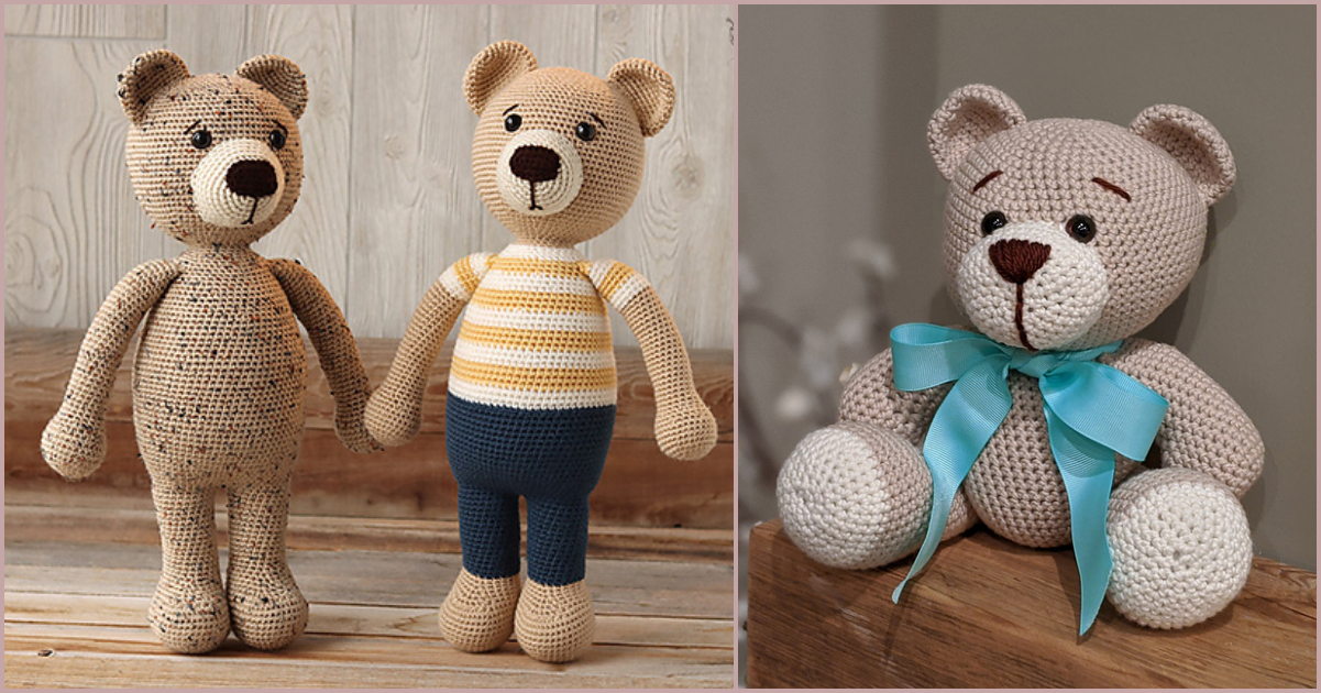 Three crocheted teddy bears: two standing with different outfits and one seated with a blue ribbon, each exuding their own unique charm.