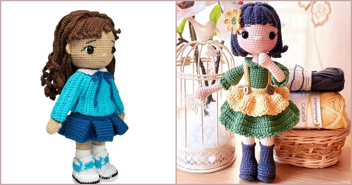 Two crochet amigurumi dolls: one with brown hair in a blue outfit, and the other with dark hair in a green and yellow dress, sit charmingly near yarn and a birdcage.