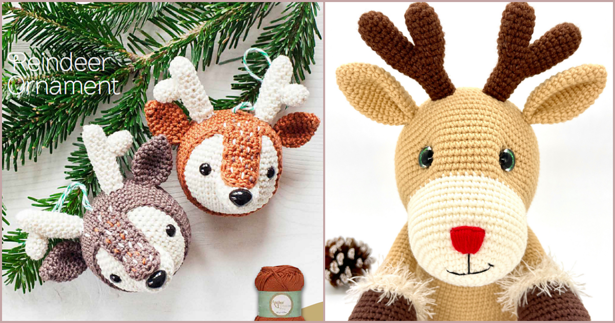 Crocheted reindeer decorations artfully displayed on a surface with pine branches and yarn.