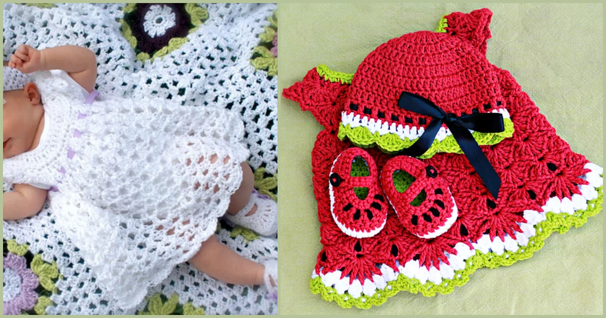 A baby in a white crocheted baby dress is lying on a crocheted blanket, next to a charming pink and green crocheted dress with matching hat and shoes.