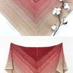 A beautifully crafted triangular crochet shawl showcases a gradient from beige to red, elegantly displayed flat and draped. This easy crochet shawl pattern is complemented by a small cotton branch adorning one image corner.