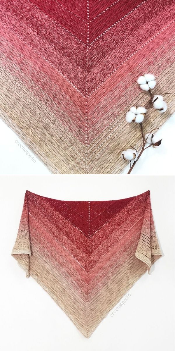 A beautifully crafted triangular crochet shawl showcases a gradient from beige to red, elegantly displayed flat and draped. This easy crochet shawl pattern is complemented by a small cotton branch adorning one image corner.