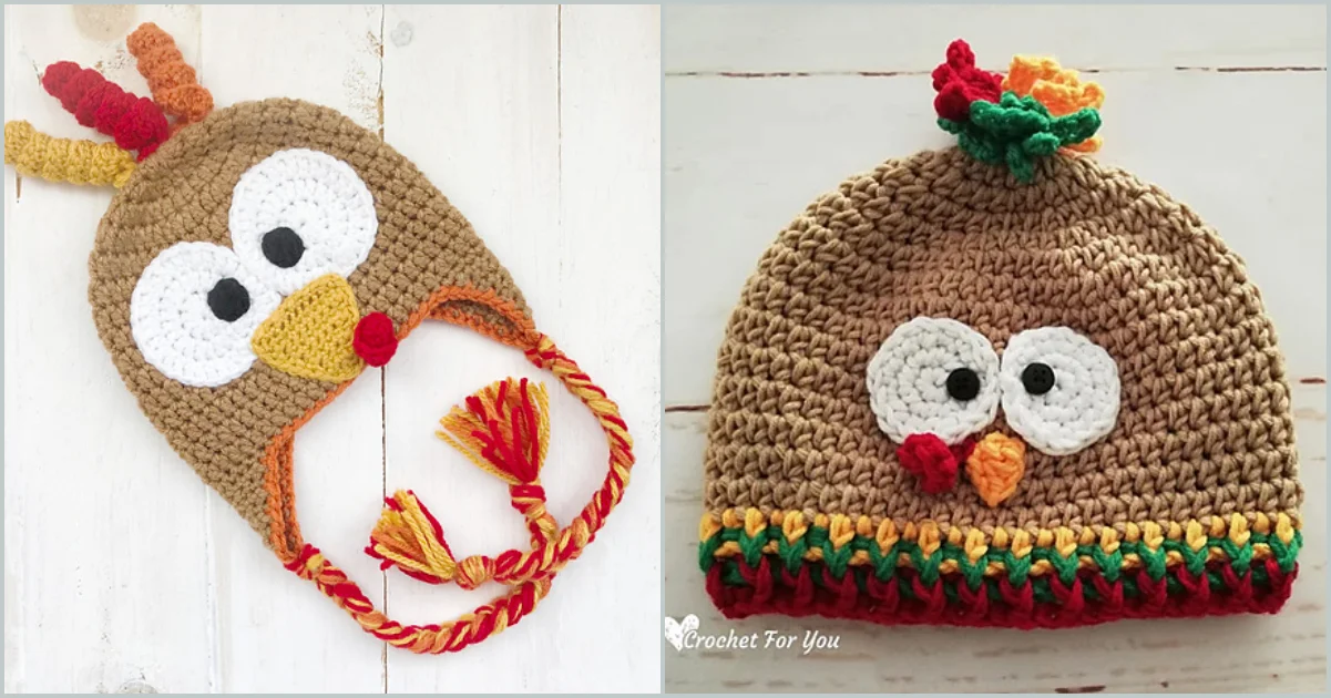 Two beautifully crocheted turkey hats steal the spotlight, each showcasing charming eyes and beaks. The left turkey hat features earflaps and braided ties, while the right presents a simpler beanie style.