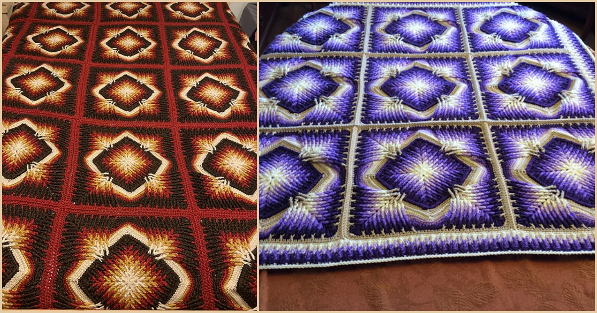 Two crochet bedspreads with geometric star patterns showcase a stunning array of colors. The left blanket features elements of red and orange hues, while the right one displays calming blue and purple tones, both skillfully arranged in a grid layout.