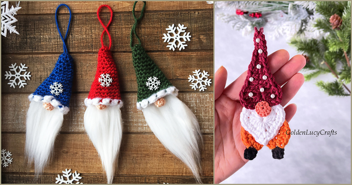 Three crocheted Santa gnome Christmas ornaments in blue, red, and green with white beards adorn a wooden surface with snowflake decorations. A close-up of a red-hatted gnome stands prominently on the right.