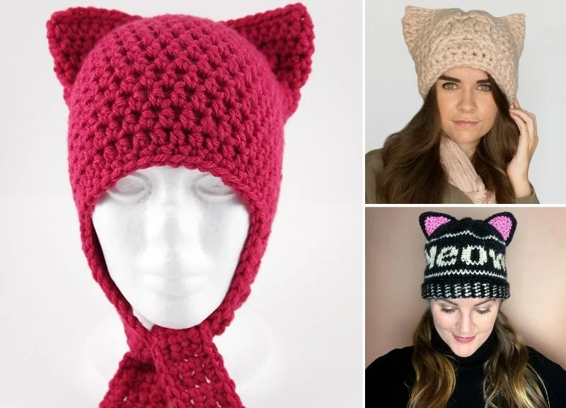 Three delightful hats feature crochet pussy hat designs: a red one on a mannequin, a beige hat skillfully worn by a woman, and a striking black version with "MEOW" text adorning it, proudly worn by another.