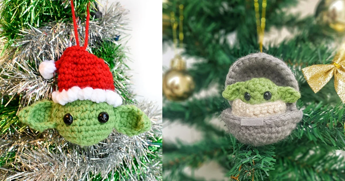 Two crocheted green character ornaments: one wearing a Santa hat on a silver tinsel tree, another in a gray pod on a green Christmas tree. Perfect baby Yoda Christmas ornaments for adding whimsy and charm to your holiday decor.