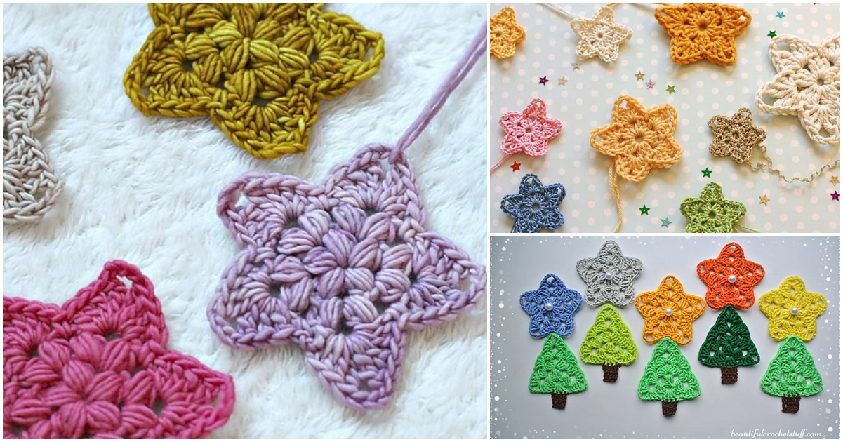 Crocheted Christmas star ornaments and trees in various colors are displayed on different backgrounds.