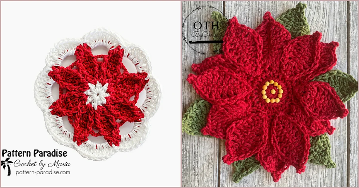 Two crocheted flower patterns: one red and white with a circular design, the other resembling poinsettia coasters with a red bloom, yellow center, and green leaves on a wooden background.