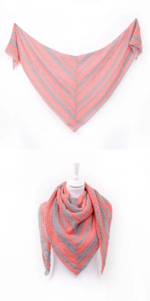 A triangular knitted shawl with pink and gray stripes, effortlessly showcased both laid flat and draped elegantly on a mannequin, echoing an easy crochet shawl pattern.