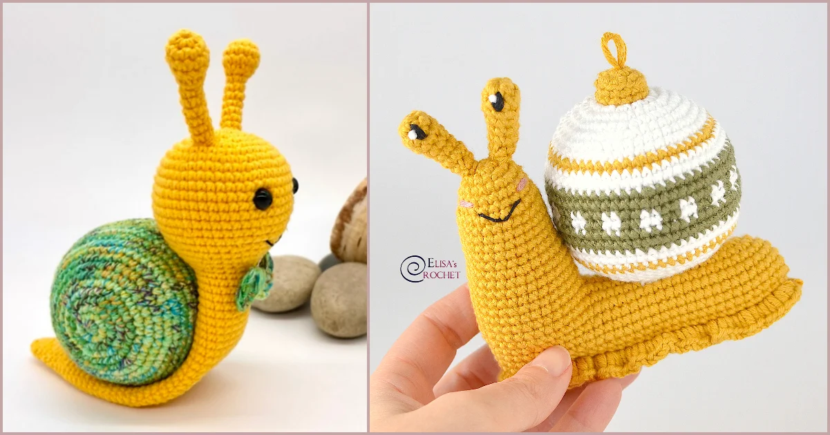 Two crocheted snails: one with a green and yellow shell, and the other as an adorable snail ornament, holding a decorative Christmas bauble with green, white, and gold stripes.