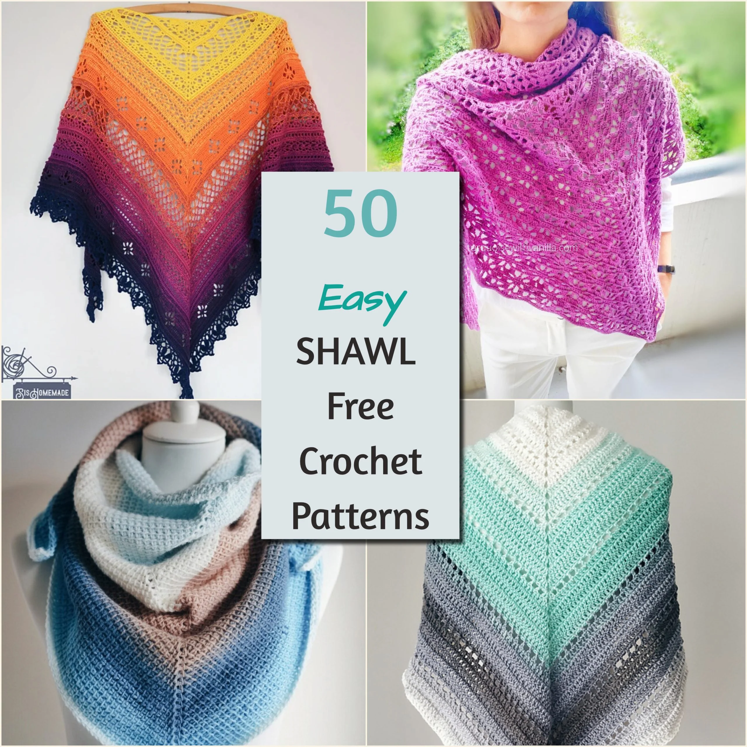 Collage of four crocheted shawls showcasing a spectrum of colors with text: "50 Easy Crochet Shawl Patterns.