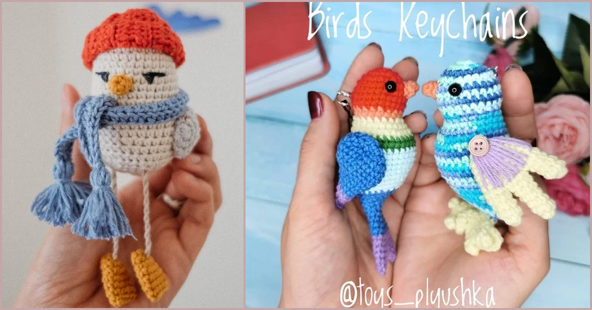 A person holding ami birdie crocheted keychains: one with a red hat and scarf, and two colorful birds adorned with stripes and buttons. The text reads "Birds Keychains" alongside an Instagram handle.