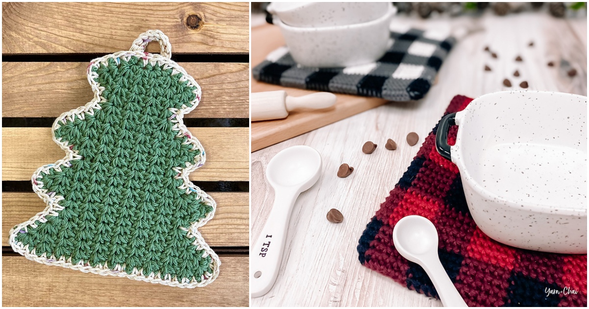 A crocheted tree-shaped holiday potholder rests on wood, accompanied by white speckled dishes and measuring spoons atop red and black checkered fabric.