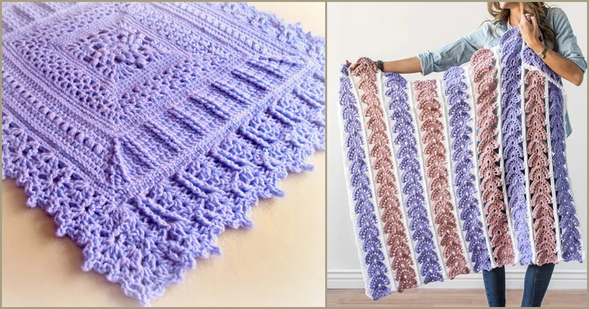 A close-up of a lavender crocheted blanket and a person holding an heirloom baby blanket with pink and lavender stripes.