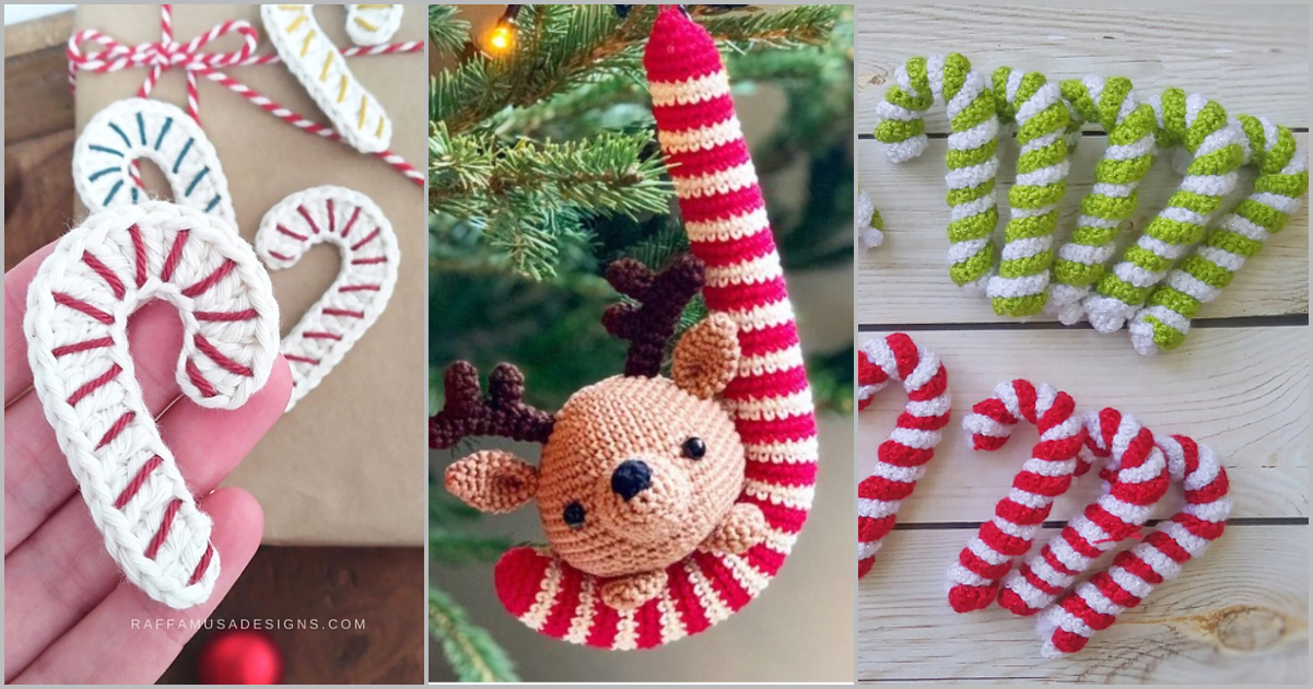 A charming display of crocheted ornaments featuring candy canes and a reindeer, gracefully hanging on a branch and showcased on a table. These delightful candy cane tree ornaments add a whimsical touch to any holiday setting.