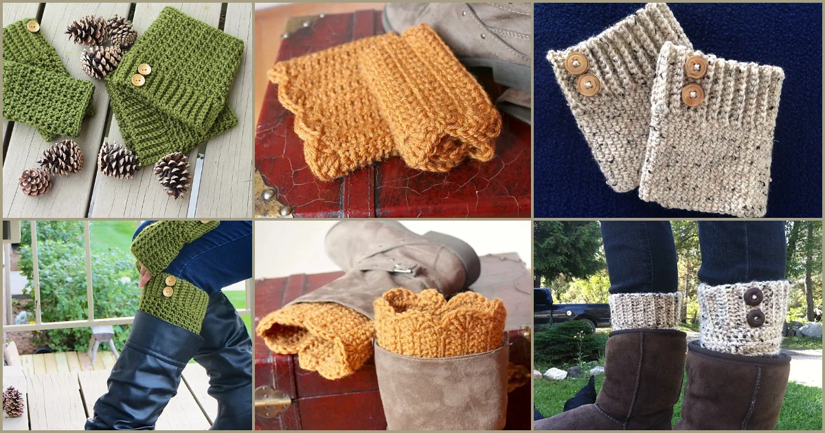 A collage of crocheted boot cuffs in various colors: green, orange, and beige, some adorned with buttons. Styled elegantly with boots and pinecones, these boot cuffs add a cozy touch to any autumn outfit.