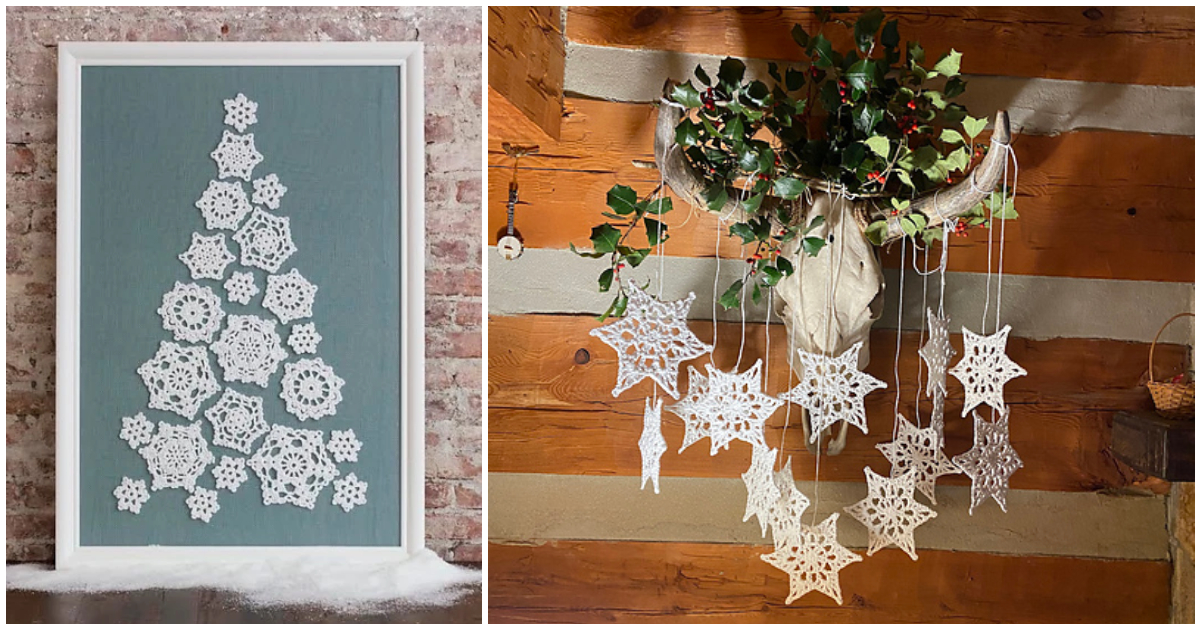 Left: Framed art of a tree crafted from white doilies against a blue backdrop. Right: Snowflake wall hanger with crochet stars and snowflakes, adorned with greenery on a wooden wall.